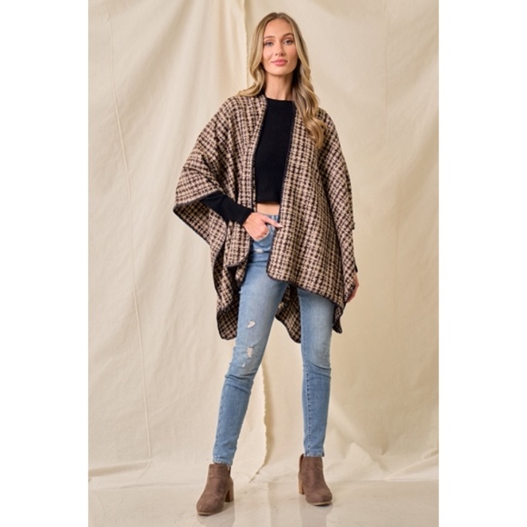 Mocha Brown Houndstooth Knit Shawl Open Poncho Wrap Casual Fall Winter One Size - Picture 5 of 6